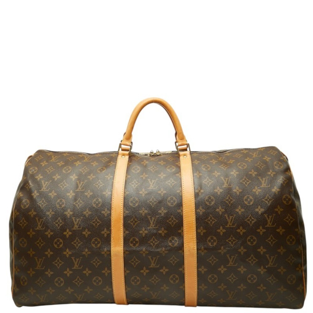 Louis Vuitton Monogram Keepall 60 Boston Bag Travel M41422 Brown Leather Wome...